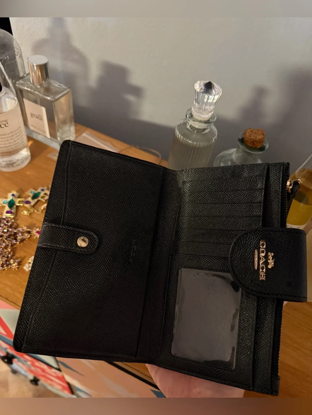 Coach Black Pebbled Leather Wristlet Wallet with Gold Logo Accent